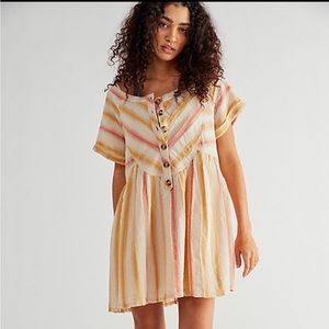 Free People Mini Robe Claire Dress Small NWOT Cream, Coral, Yellow strip…